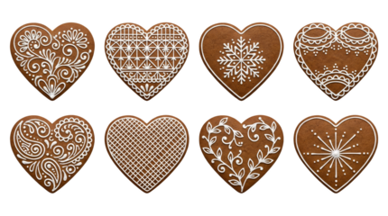 Heart gingerbread cookie set including various intricate white icing patterns and snowflake designs isolated. Festive holiday bakery collection.