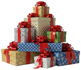 Pyramid stack of colorful patterned gift boxes with red ribbons for holiday season