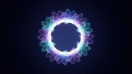 Abstract glowing floral mandala with ethereal light and dark background.