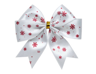 A white satin bow with red snowflake patterns and a gold center embellishment
