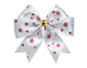 A white satin bow with red snowflake patterns and a gold center embellishment