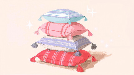 Ramadan Kareem background with decorative oriental pillows in soft pastel colors, cozy islamic decor