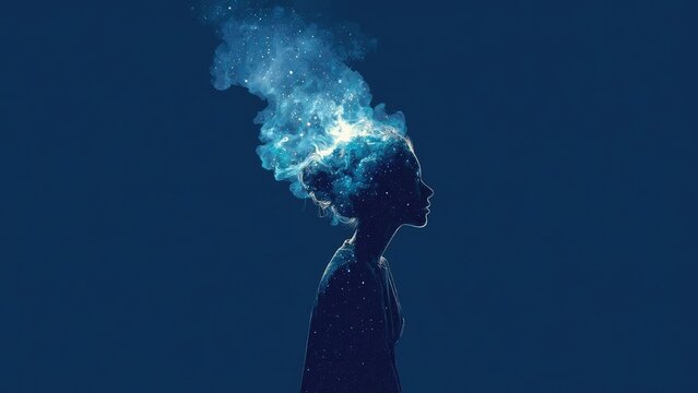 Profile view of a girl whose hair is a blue galaxy filled with stars. Concept Profile Portrait, Galaxy Hair, Blue Nebula, Starry Hair, Cosmic Aesthetic