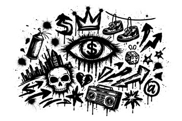 Urban graffiti art with edgy symbols and street elements in black and white