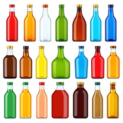 Colorful array of glass bottles filled with various vibrant liquids
