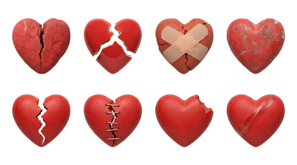 Broken heart set including cracked, bandaged, stitched, chipped, and taped variants isolated. Concept of heartbreak, healing, and emotional pain.