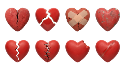 Broken heart set including cracked, bandaged, stitched, chipped, and taped variants isolated. Concept of heartbreak, healing, and emotional pain.