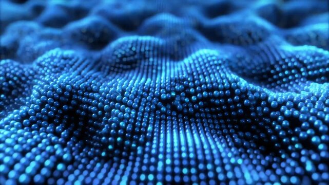 A close-up abstract landscape of blue, bead-like textures forming waves. Tiny spheres cluster densely, creating a shimmering, grid-like surface with soft highlights and deep shadows across the ridges