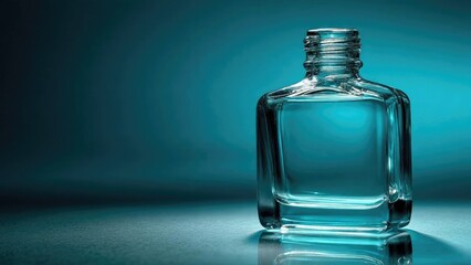 A clear glass bottle with a square shape on a teal surface, empty and reflecting light. Concept Clear glass bottle, Square shape, Teal surface, Light reflections, Empty and transparent