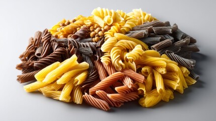 A stunning variety of gluten-free fusilli pasta lies beautifully arranged in a circular pattern, showcasing shades of yellow, brown, and orange, inviting creativity in the kitchen
