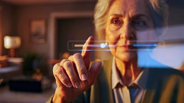 senior woman adjusting virtual slider in cozy living room with warm lamp light, focused fingertip gesture controlling holographic brightness control, intimate evening atmosphere and calm expression