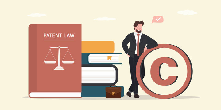 Confident businessman standing with huge copyright symbol. Trademark, intellectual property or license protection. Male advocate or lawyer with copyright and laws books.