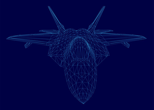 A detailed 3D wireframe model of a combat fighter jet is isolated on a solid blue background. The stark contrast highlights the aircraft's realistic and complex geometric structure.