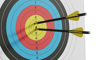 Archery target with two arrows in the bullseye, showcasing precision and accuracy
