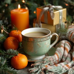Warm Holiday Moment: A serene holiday arrangement, featuring a comforting cup of coffee, a warm candle, fresh tangerines, and wrapped gifts, all embraced by festive greenery and a cozy scarf.