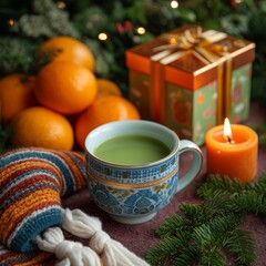 Serene Winter Tea Moment: A cozy tableau featuring a steaming cup of matcha tea, surrounded by vibrant tangerines, a beautifully wrapped gift, a glowing candle, and a festive scarf.