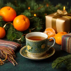 Cozy Tea Moment: A porcelain teacup, filled with steaming tea, sits amidst a festive tableau of oranges, presents, and evergreen boughs, evoking warmth and holiday cheer.
