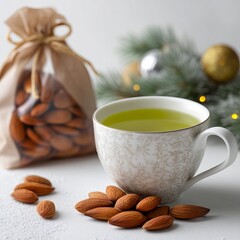 Nutritious Delight: A close-up shot presents a serene composition with almonds and a cup, evoking a sense of tranquility and health. The scene captures the essence of a wholesome refreshment.