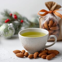 Nourishing Delight: A steaming cup of herbal tea is nestled amidst a scattering of almonds. The scene is completed by a bag filled with almonds and seasonal decorations.
