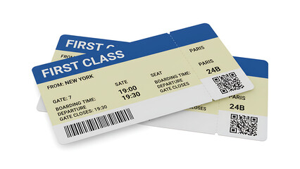 Two first-class airline tickets for international travel, symbolizing luxury journeys and premium flight experiences