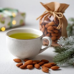 Almond Tea Time: A serene composition featuring a cup of warm tea, surrounded by scattered almonds and a charming display of holiday gifts, evokes a sense of comfort and cozy moments.