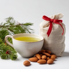 A Festive Tea and Treats: An inviting scene unfolds, where a steaming cup of tea, accompanied by a festive sack of goodies, a scattering of almonds, and a touch of evergreen.