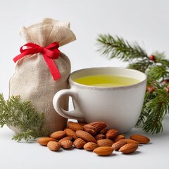Almond Infusion: An inviting composition features a warm cup of almond tea, a rustic bag tied with a festive ribbon, and a scattering of fresh almonds.