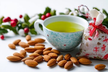 Nourishment in a Still Life: A delicate teacup holds steaming, translucent tea, surrounded by a scattered harvest of almonds and a decorative pouch. Evoking a sense of warmth and well-being.