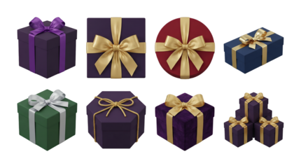 Gift box set including purple, green, blue, red, and velvet variants with gold and silver ribbons isolated. Luxury holiday and celebration packaging collection.