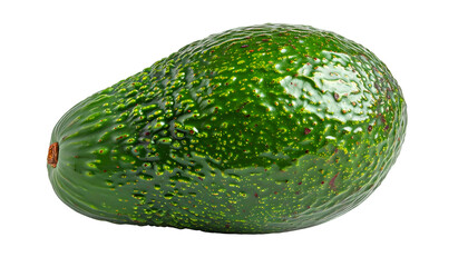 Close-up of a single, ripe, green avocado fruit, isolated against a solid black background