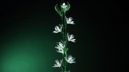 Delicate White Orchid Flowers Blooming on a Thin Stem Against a Dark Green Background.
