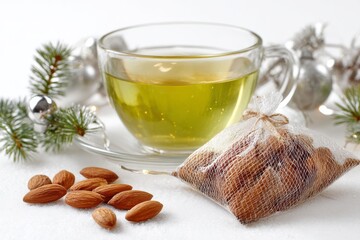 Tea and Almonds: A tranquil scene showcases a delicate teacup filled with golden brew and a rustic sack of almonds, alongside scattered nuts, creating a warm, inviting atmosphere.