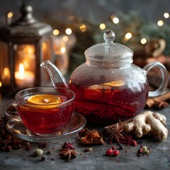 Warm Sip and Comfort: A steaming mug and teapot, filled with a soothing brew infused with spice and citrus, inviting a sense of serenity and inviting moment.
