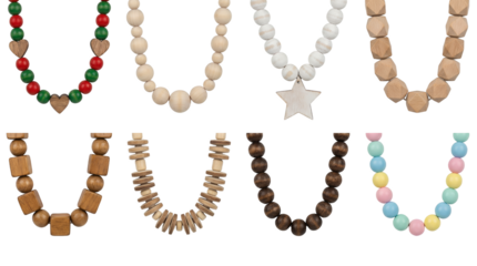 Wooden bead garland set including various geometric shapes, stars, hearts, and colorful finishes. Decorative rustic jewelry and craft collection.