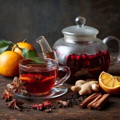 Aromatic Tea Time: A beautifully composed image of a clear glass teapot and teacup. A cup of tea is accompanied by various aromatic spices and juicy fruits, inviting viewers to an experience.