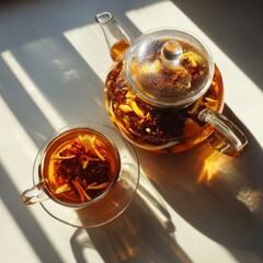 Warm Herbal Tea Moment: Sunlight dances across a table, illuminating a glass teapot and teacup filled with golden herbal tea.  The scene exudes warmth, and inviting relaxation.
