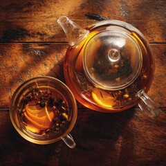 Tea time tranquility: A close-up view unveils a transparent teapot and teacup. Both hold a vibrant, flavorful infusion of tea with orange slices, capturing the essence of a serene tea-time.