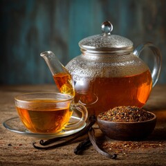 Aromatic Tea Ritual: A close-up view presents a transparent glass teapot, a full teacup with a saucer, and a bowl filled with tea leaves and a vanilla pod creating a sense of a traditional ceremony.