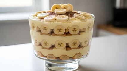 Meticulously layered banana trifle dessert in a glass bowl, showcasing delicious creamy textures and fresh fruit.