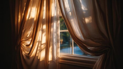 Golden sunlight spills through beige curtains onto a window. Concept Golden Hour, Window Light, Beige Curtains, Soft Natural Light, Warm Interior