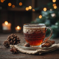 Cozy Cup: A warm cup of tea sits invitingly on a wooden table, adorned with festive decorations that evoke a sense of warmth and comfort.