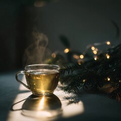 Cozy Tea Moment: A transparent teacup, steaming gently, captures the essence of relaxation, nestled alongside an evergreen branch and fairy lights, painting a picture of comfort and peace.