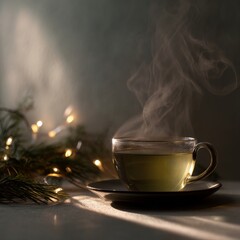 Serene Tea Moment: A transparent teacup, holding a warm, inviting beverage, releases gentle wisps of steam against a softly illuminated backdrop, invoking a feeling of peace and tranquility.