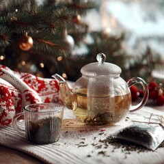 Festive Brew: A close-up shot of a glass teapot steeping aromatic tea, with a festive Christmas tree backdrop, creating a cozy and inviting scene.