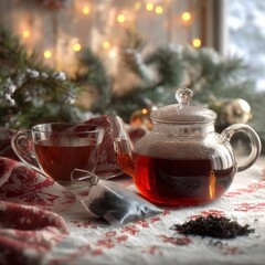 Winter Tea Serenity: An inviting scene unfolds, where a steaming cup of tea and teapot stand alongside a tea bag and loose tea leaves, surrounded by gentle fairy lights and snowy accents.