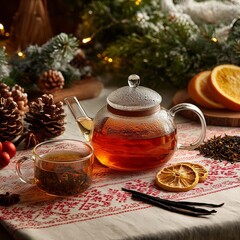 Warm Winter Brew: A close-up shot of a cozy winter scene showcasing a glass teapot with freshly brewed tea, a clear glass cup filled with tea, and the warm aroma of winter spices.