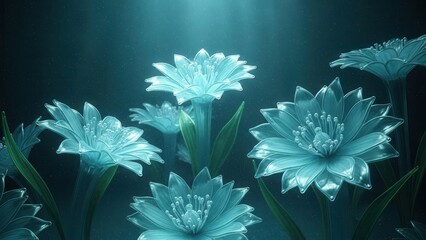 Enchanting Bioluminescent Flowers Glowing in Deep Blue Water.