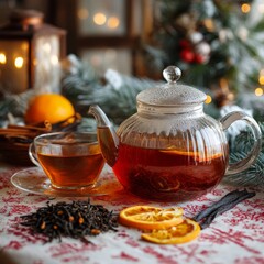 Tea Time Tranquility: A cozy scene unfolds, with a clear glass teapot and teacup holding amber tea, alongside orange slices, inviting warmth, comfort, and the soothing essence of tea.