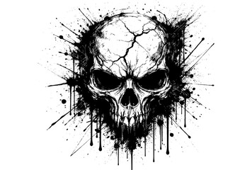 Dark grunge skull with splatter effects and cracks in ink style illustration