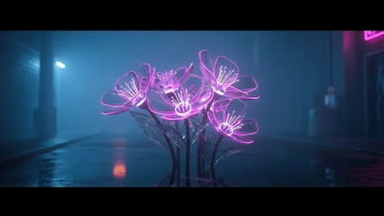 Enchanting Neon Flowers Glowing in a Mystical Cyberpunk Cityscape.